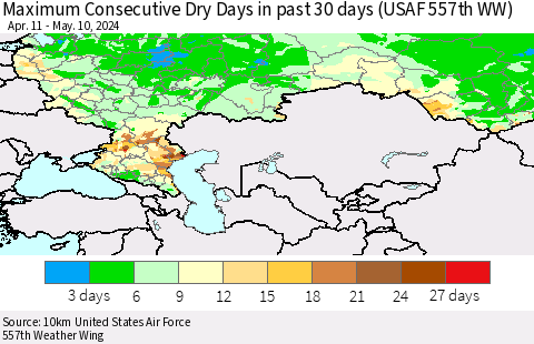 Russian Federation Maximum Consecutive Dry Days in past 30 days (USAF 557th WW) 05/10/2024 Thematic Map For 5/6/2024 - 5/10/2024