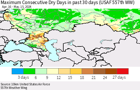 Russian Federation Maximum Consecutive Dry Days in past 30 days (USAF 557th WW) 05/15/2024 Thematic Map For 5/11/2024 - 5/15/2024