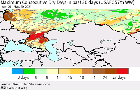 Russian Federation Maximum Consecutive Dry Days in past 30 days (USAF 557th WW) 05/20/2024 Thematic Map For 5/16/2024 - 5/20/2024