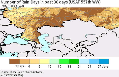 Russian Federation Number of Rain Days in past 30 days (USAF 557th WW) 09/05/2021 Thematic Map For 9/1/2021 - 9/5/2021