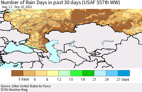 Russian Federation Number of Rain Days in past 30 days (USAF 557th WW) 09/10/2021 Thematic Map For 9/6/2021 - 9/10/2021