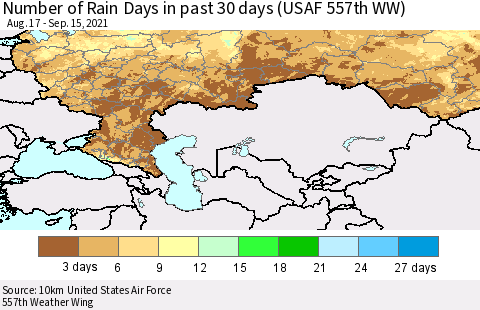 Russian Federation Number of Rain Days in past 30 days (USAF 557th WW) 09/15/2021 Thematic Map For 9/11/2021 - 9/15/2021