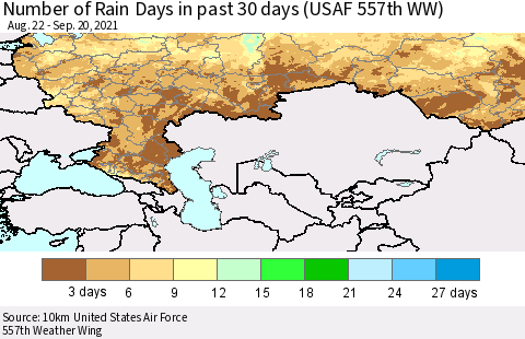 Russian Federation Number of Rain Days in past 30 days (USAF 557th WW) 09/20/2021 Thematic Map For 9/16/2021 - 9/20/2021