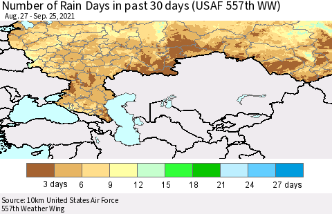 Russian Federation Number of Rain Days in past 30 days (USAF 557th WW) 09/25/2021 Thematic Map For 9/21/2021 - 9/25/2021
