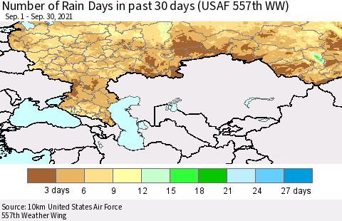 Russian Federation Number of Rain Days in past 30 days (USAF 557th WW) 09/30/2021 Thematic Map For 9/26/2021 - 9/30/2021