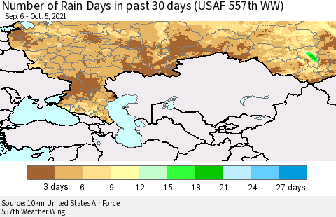 Russian Federation Number of Rain Days in past 30 days (USAF 557th WW) 10/05/2021 Thematic Map For 10/1/2021 - 10/5/2021