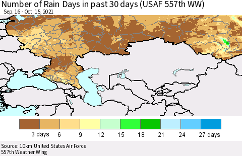 Russian Federation Number of Rain Days in past 30 days (USAF 557th WW) 10/15/2021 Thematic Map For 10/11/2021 - 10/15/2021