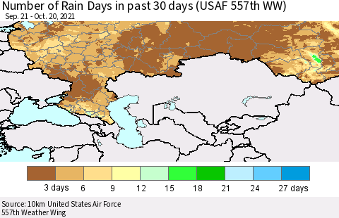 Russian Federation Number of Rain Days in past 30 days (USAF 557th WW) 10/20/2021 Thematic Map For 10/16/2021 - 10/20/2021