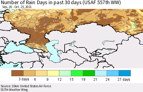 Russian Federation Number of Rain Days in past 30 days (USAF 557th WW) 10/25/2021 Thematic Map For 10/21/2021 - 10/25/2021