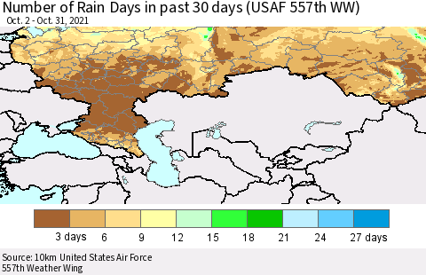 Russian Federation Number of Rain Days in past 30 days (USAF 557th WW) 10/31/2021 Thematic Map For 10/26/2021 - 10/31/2021