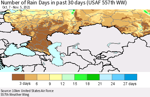 Russian Federation Number of Rain Days in past 30 days (USAF 557th WW) 11/05/2021 Thematic Map For 11/1/2021 - 11/5/2021