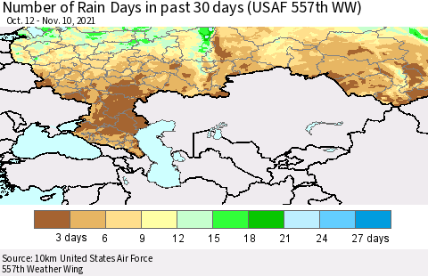 Russian Federation Number of Rain Days in past 30 days (USAF 557th WW) 11/10/2021 Thematic Map For 11/6/2021 - 11/10/2021