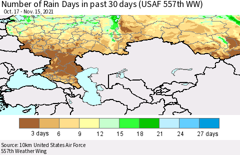 Russian Federation Number of Rain Days in past 30 days (USAF 557th WW) 11/15/2021 Thematic Map For 11/11/2021 - 11/15/2021