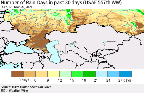 Russian Federation Number of Rain Days in past 30 days (USAF 557th WW) 11/20/2021 Thematic Map For 11/16/2021 - 11/20/2021