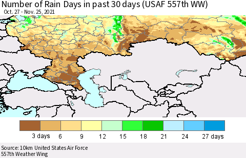 Russian Federation Number of Rain Days in past 30 days (USAF 557th WW) 11/25/2021 Thematic Map For 11/21/2021 - 11/25/2021