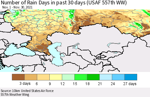 Russian Federation Number of Rain Days in past 30 days (USAF 557th WW) 11/30/2021 Thematic Map For 11/26/2021 - 11/30/2021