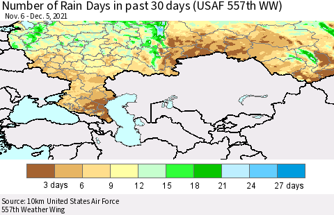 Russian Federation Number of Rain Days in past 30 days (USAF 557th WW) 12/05/2021 Thematic Map For 12/1/2021 - 12/5/2021