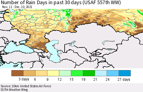 Russian Federation Number of Rain Days in past 30 days (USAF 557th WW) 12/10/2021 Thematic Map For 12/6/2021 - 12/10/2021