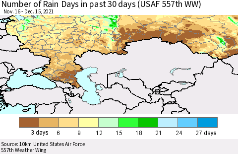 Russian Federation Number of Rain Days in past 30 days (USAF 557th WW) 12/15/2021 Thematic Map For 12/11/2021 - 12/15/2021