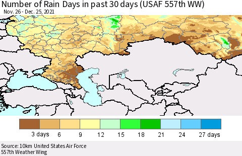 Russian Federation Number of Rain Days in past 30 days (USAF 557th WW) 12/25/2021 Thematic Map For 12/21/2021 - 12/25/2021