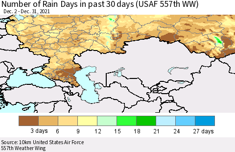 Russian Federation Number of Rain Days in past 30 days (USAF 557th WW) 12/31/2021 Thematic Map For 12/26/2021 - 12/31/2021