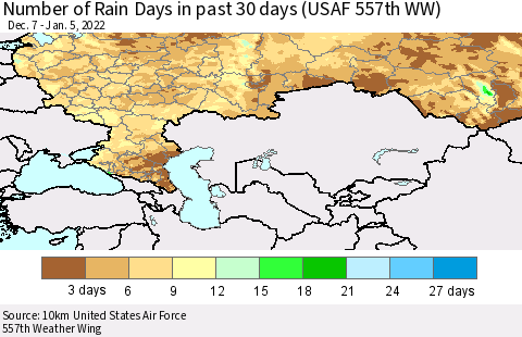 Russian Federation Number of Rain Days in past 30 days (USAF 557th WW) 01/05/2022 Thematic Map For 1/1/2022 - 1/5/2022