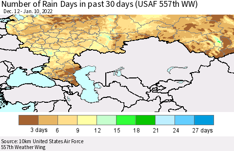 Russian Federation Number of Rain Days in past 30 days (USAF 557th WW) 01/10/2022 Thematic Map For 1/6/2022 - 1/10/2022