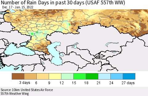 Russian Federation Number of Rain Days in past 30 days (USAF 557th WW) 01/15/2022 Thematic Map For 1/11/2022 - 1/15/2022