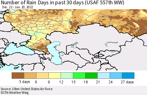 Russian Federation Number of Rain Days in past 30 days (USAF 557th WW) 01/20/2022 Thematic Map For 1/16/2022 - 1/20/2022