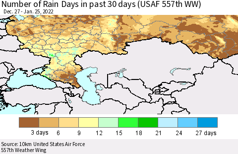 Russian Federation Number of Rain Days in past 30 days (USAF 557th WW) 01/25/2022 Thematic Map For 1/21/2022 - 1/25/2022