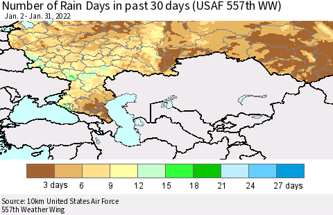 Russian Federation Number of Rain Days in past 30 days (USAF 557th WW) 01/31/2022 Thematic Map For 1/26/2022 - 1/31/2022