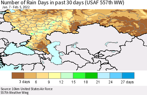 Russian Federation Number of Rain Days in past 30 days (USAF 557th WW) 02/05/2022 Thematic Map For 2/1/2022 - 2/5/2022