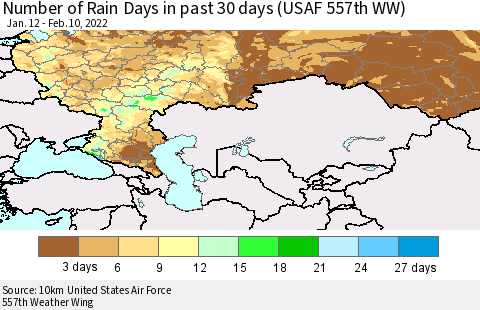 Russian Federation Number of Rain Days in past 30 days (USAF 557th WW) 02/10/2022 Thematic Map For 2/6/2022 - 2/10/2022