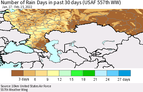 Russian Federation Number of Rain Days in past 30 days (USAF 557th WW) 02/15/2022 Thematic Map For 2/11/2022 - 2/15/2022