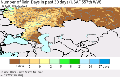 Russian Federation Number of Rain Days in past 30 days (USAF 557th WW) 02/20/2022 Thematic Map For 2/16/2022 - 2/20/2022
