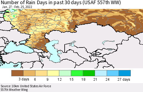 Russian Federation Number of Rain Days in past 30 days (USAF 557th WW) 02/25/2022 Thematic Map For 2/21/2022 - 2/25/2022