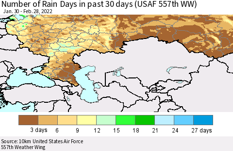 Russian Federation Number of Rain Days in past 30 days (USAF 557th WW) 02/28/2022 Thematic Map For 2/26/2022 - 2/28/2022