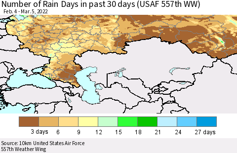 Russian Federation Number of Rain Days in past 30 days (USAF 557th WW) 03/05/2022 Thematic Map For 3/1/2022 - 3/5/2022