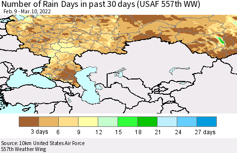 Russian Federation Number of Rain Days in past 30 days (USAF 557th WW) 03/10/2022 Thematic Map For 3/6/2022 - 3/10/2022