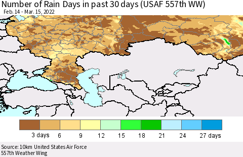 Russian Federation Number of Rain Days in past 30 days (USAF 557th WW) 03/15/2022 Thematic Map For 3/11/2022 - 3/15/2022