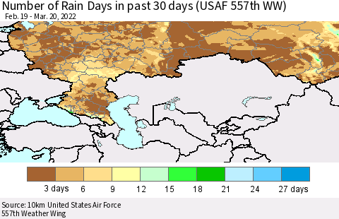 Russian Federation Number of Rain Days in past 30 days (USAF 557th WW) 03/20/2022 Thematic Map For 3/16/2022 - 3/20/2022