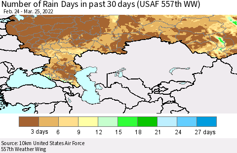 Russian Federation Number of Rain Days in past 30 days (USAF 557th WW) 03/25/2022 Thematic Map For 3/21/2022 - 3/25/2022