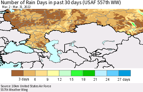 Russian Federation Number of Rain Days in past 30 days (USAF 557th WW) 03/31/2022 Thematic Map For 3/26/2022 - 3/31/2022