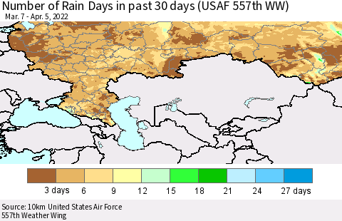 Russian Federation Number of Rain Days in past 30 days (USAF 557th WW) 04/05/2022 Thematic Map For 4/1/2022 - 4/5/2022