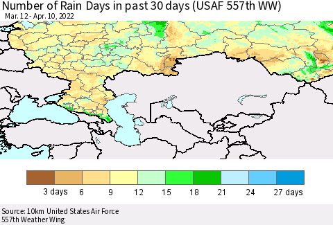 Russian Federation Number of Rain Days in past 30 days (USAF 557th WW) 04/10/2022 Thematic Map For 4/6/2022 - 4/10/2022