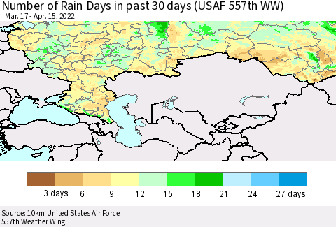 Russian Federation Number of Rain Days in past 30 days (USAF 557th WW) 04/15/2022 Thematic Map For 4/11/2022 - 4/15/2022