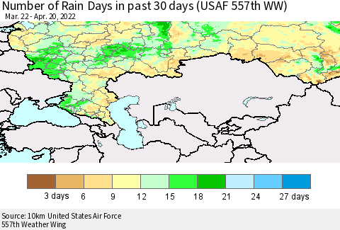Russian Federation Number of Rain Days in past 30 days (USAF 557th WW) 04/20/2022 Thematic Map For 4/16/2022 - 4/20/2022
