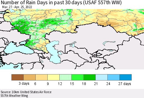 Russian Federation Number of Rain Days in past 30 days (USAF 557th WW) 04/25/2022 Thematic Map For 4/21/2022 - 4/25/2022