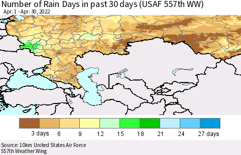 Russian Federation Number of Rain Days in past 30 days (USAF 557th WW) 04/30/2022 Thematic Map For 4/26/2022 - 4/30/2022