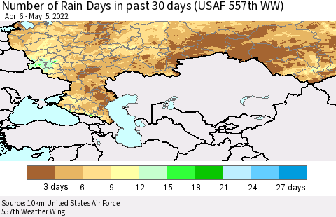 Russian Federation Number of Rain Days in past 30 days (USAF 557th WW) 05/05/2022 Thematic Map For 5/1/2022 - 5/5/2022